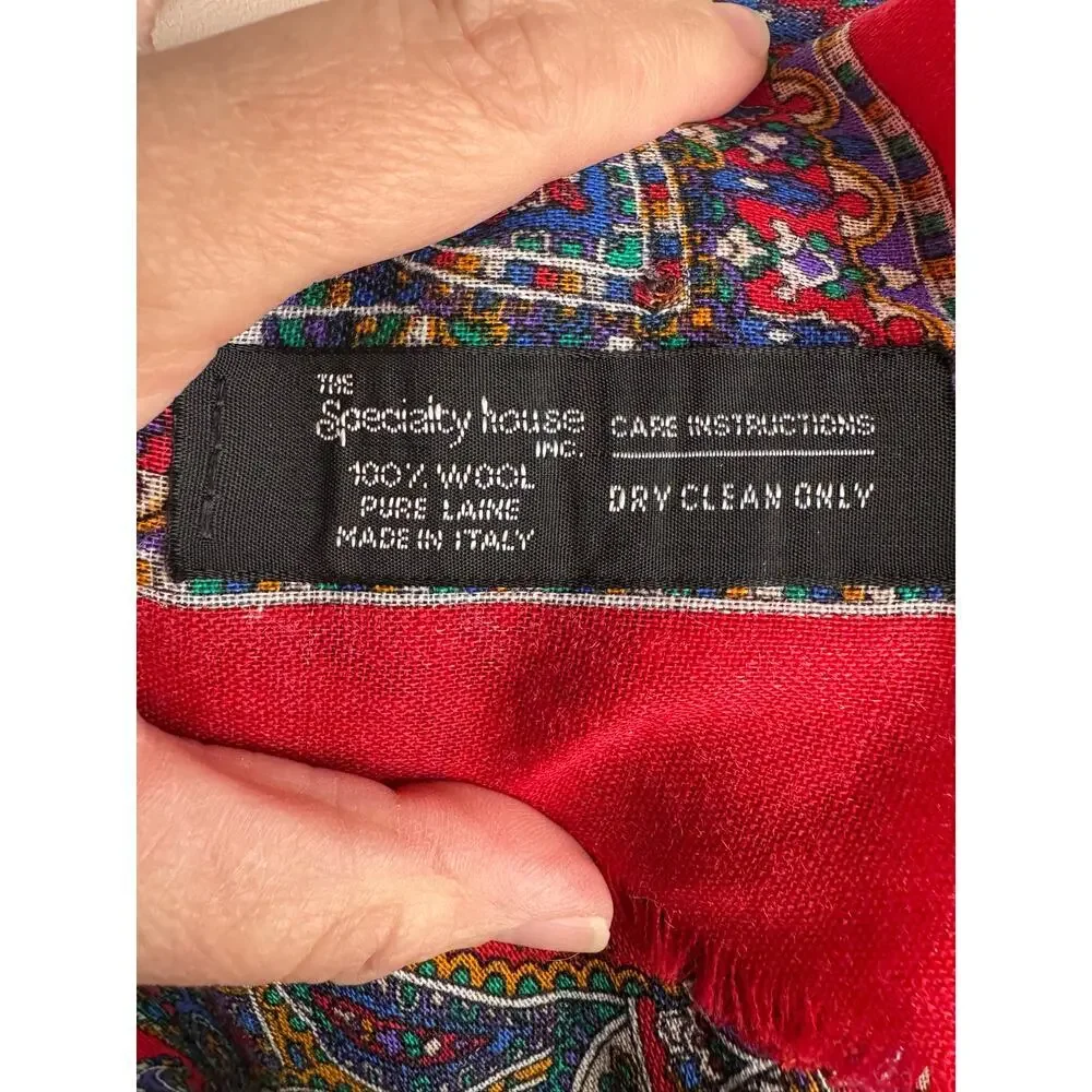 Vintage Specialty House Pure Wool Paisley Red Square Scarf Wrap Made in Italy